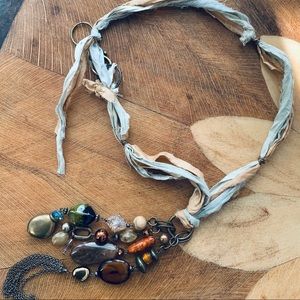 Assemblage Beaded Sari Silk Long Necklace Handcrafted